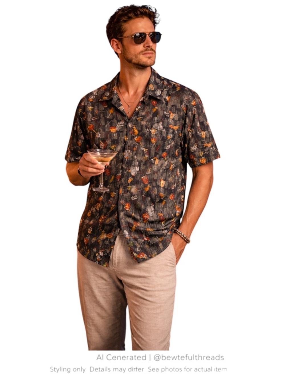 Retro Cocktail Print Button Up Shirt Martini Bar Lounge Vibe L